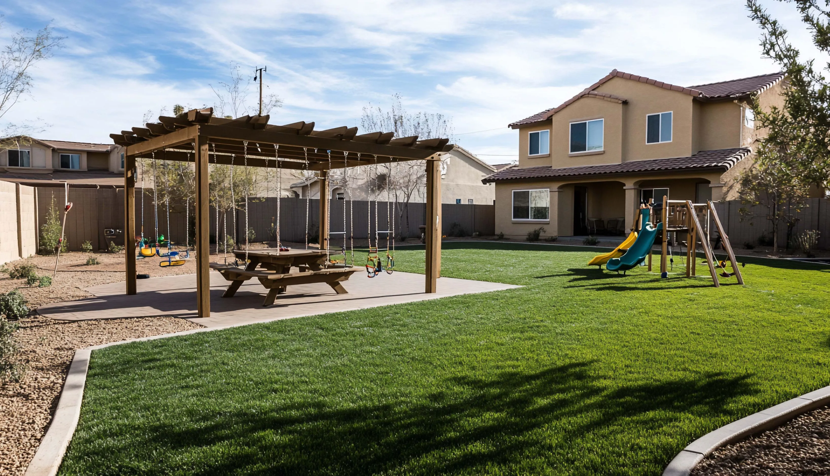 A spacious residential backyard in Los Angeles with natural grass and a wooden patio before a complete luxury pool construction and 3D design transformation.