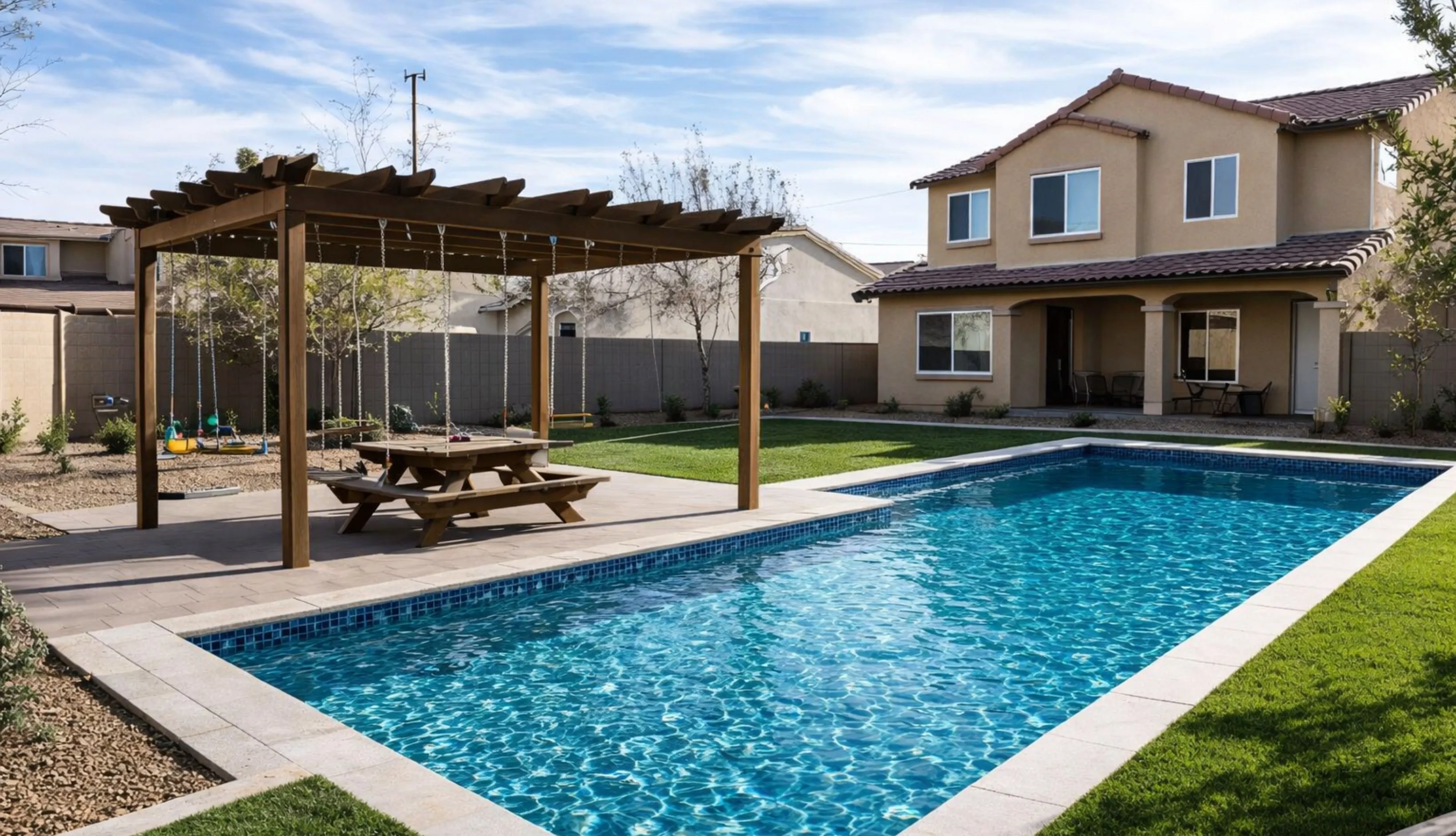 The finished result of a luxury pool construction project in Los Angeles featuring a geometric pool, integrated raised spa, limestone coping, and a custom wood pergola.