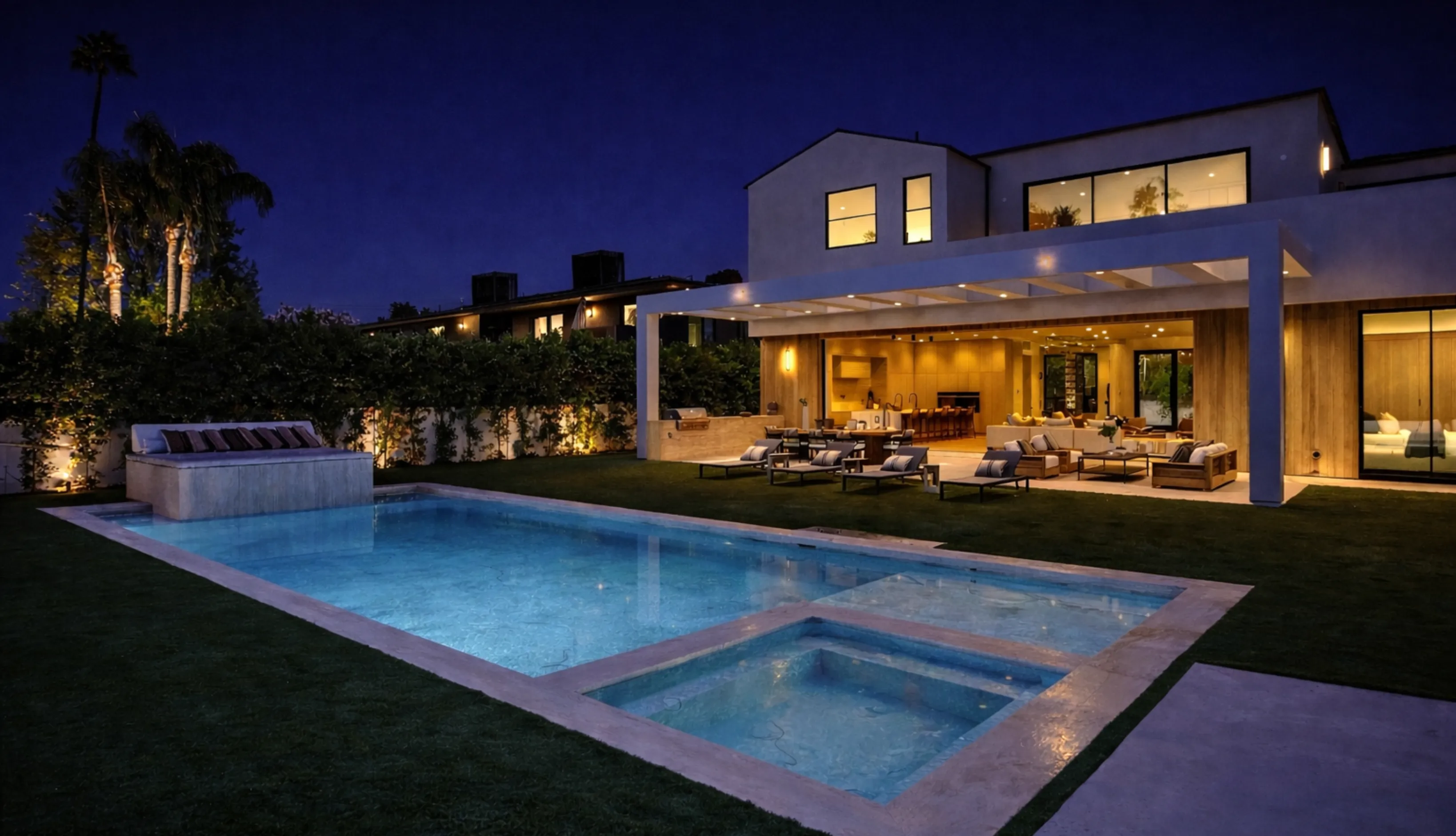 An outdated and neglected rectangular pool in Los Angeles with stained plaster and cracked stone decking before a professional remodeling project