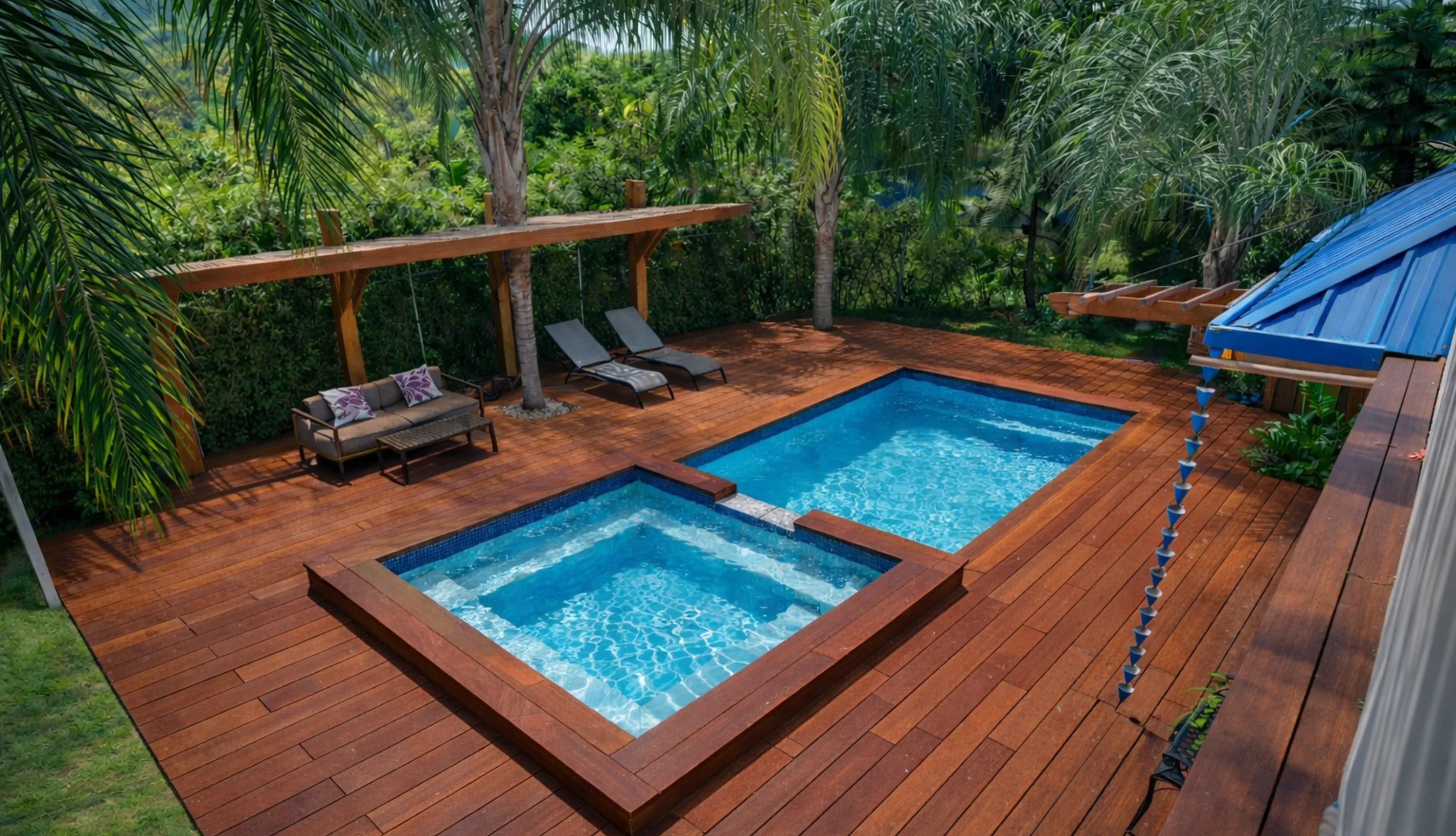 The stunning result of a professional pool remodeling in Los Angeles featuring deep blue mosaic tiling, smooth light-colored stone pavers, and crystal clear water.