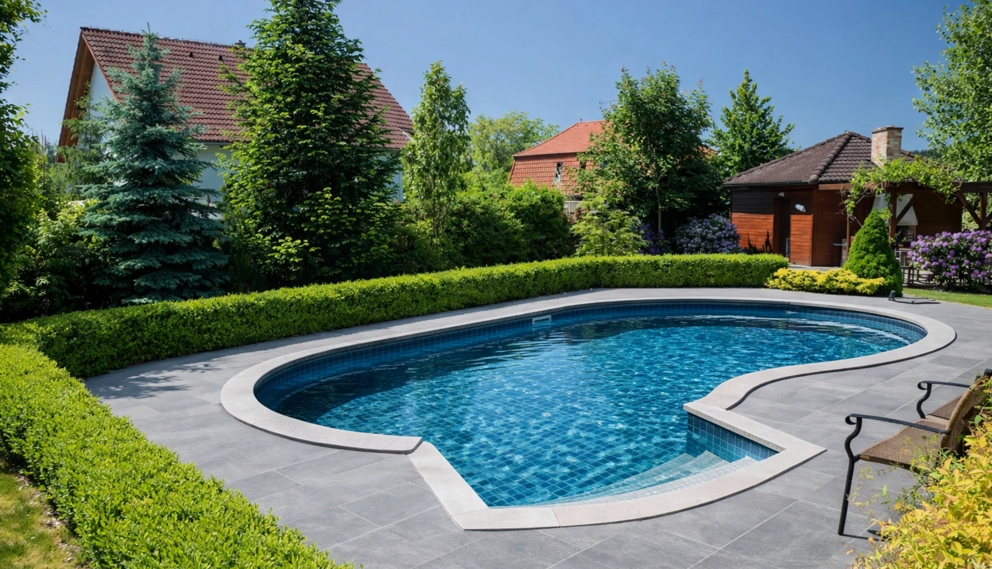 The stunning result of a professional pool remodeling in Los Angeles featuring deep blue mosaic tiling, smooth light-colored stone pavers, and crystal clear water.