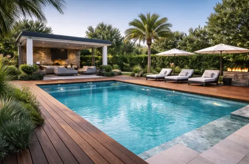 New custom pool with premium blue tile finish being filled for the first time after successful construction.