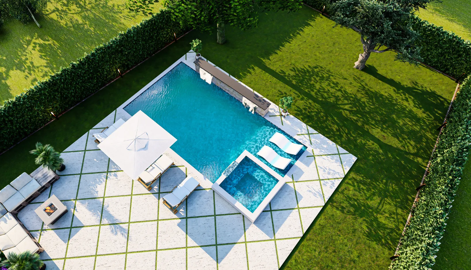 Complete luxury pool remodel in Los Angeles featuring modern white stone pavers, integrated spa, and crystal clear water.