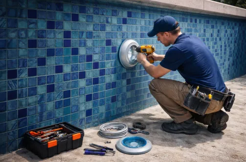 Aerial view of the initial excavation and structural block wall reinforcement for a new residential pool in Los Angeles
